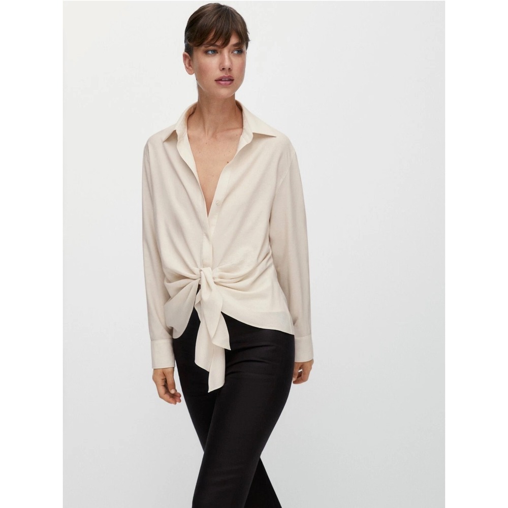 Massimo Dutti Tie-Front Blouse | Button Up Shirt | Size M | Cream | Satin Finish